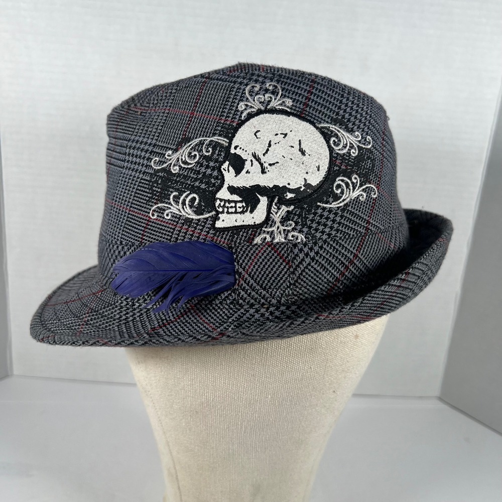 Granule Grey Glen Plaid Fedora Hat Skull‎ Embroidery Purple Feather
